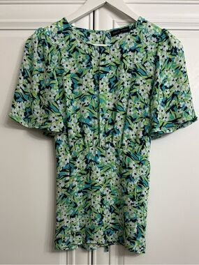 Mandy Evans Green and Blue Floral-Print Flutter Sleeve Blouse w/Back Tie Size S